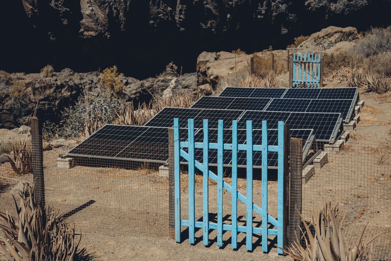 Off-grid cabin with solar panels
